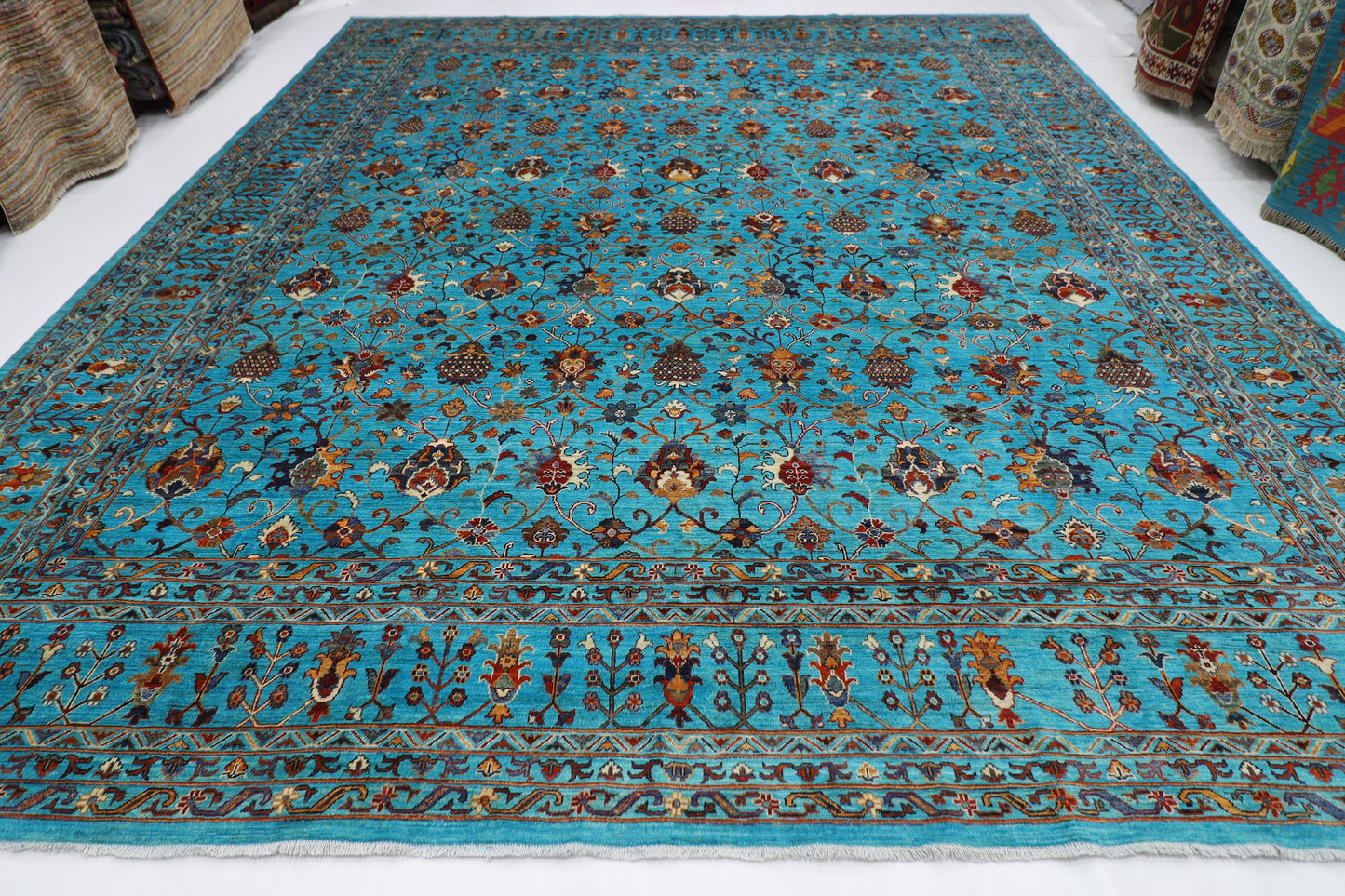 370 x 442 cm | Sultani Turquoise Afghan Tribal Hand Knotted Natural Veg Dye Wool Carpet