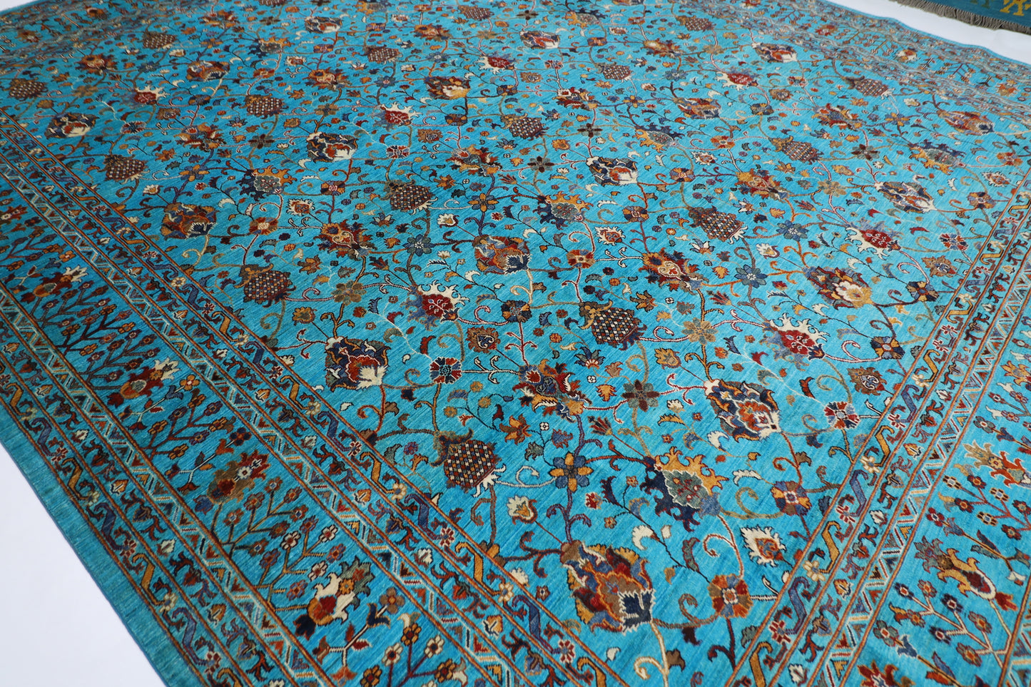 370 x 442 cm | Sultani Turquoise Afghan Tribal Hand Knotted Natural Veg Dye Wool Carpet