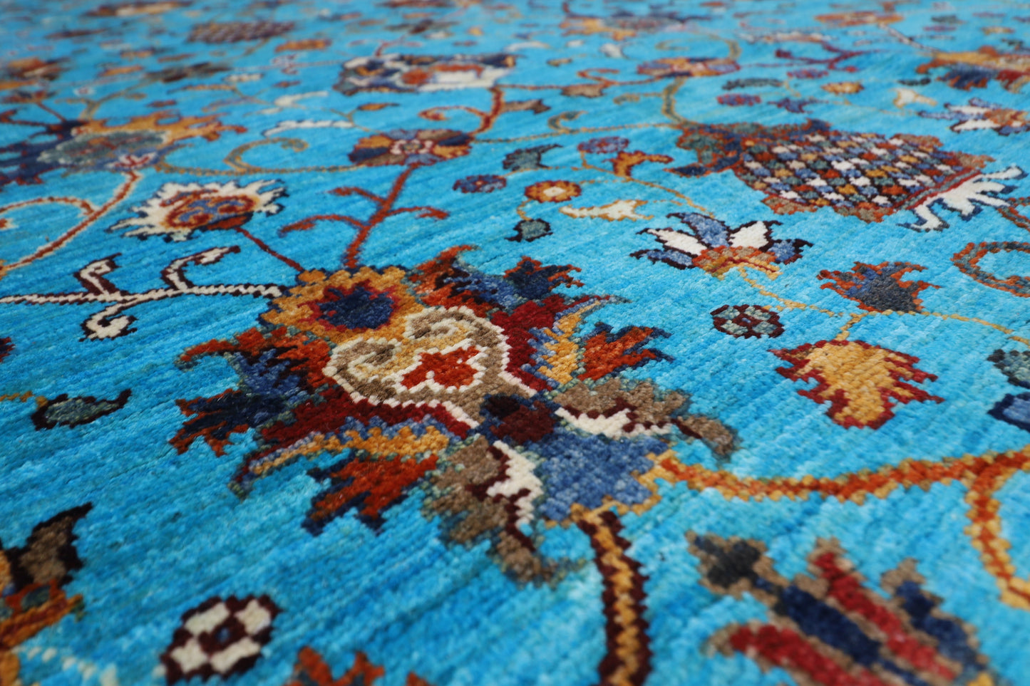 370 x 442 cm | Sultani Turquoise Afghan Tribal Hand Knotted Natural Veg Dye Wool Carpet