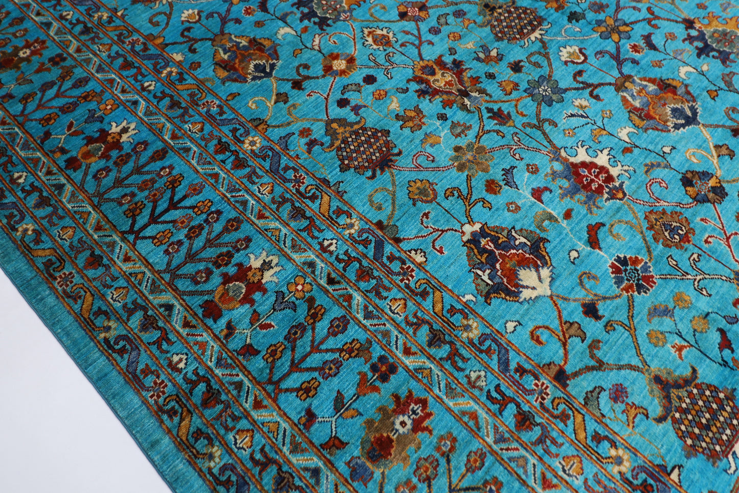 370 x 442 cm | Sultani Turquoise Afghan Tribal Hand Knotted Natural Veg Dye Wool Carpet