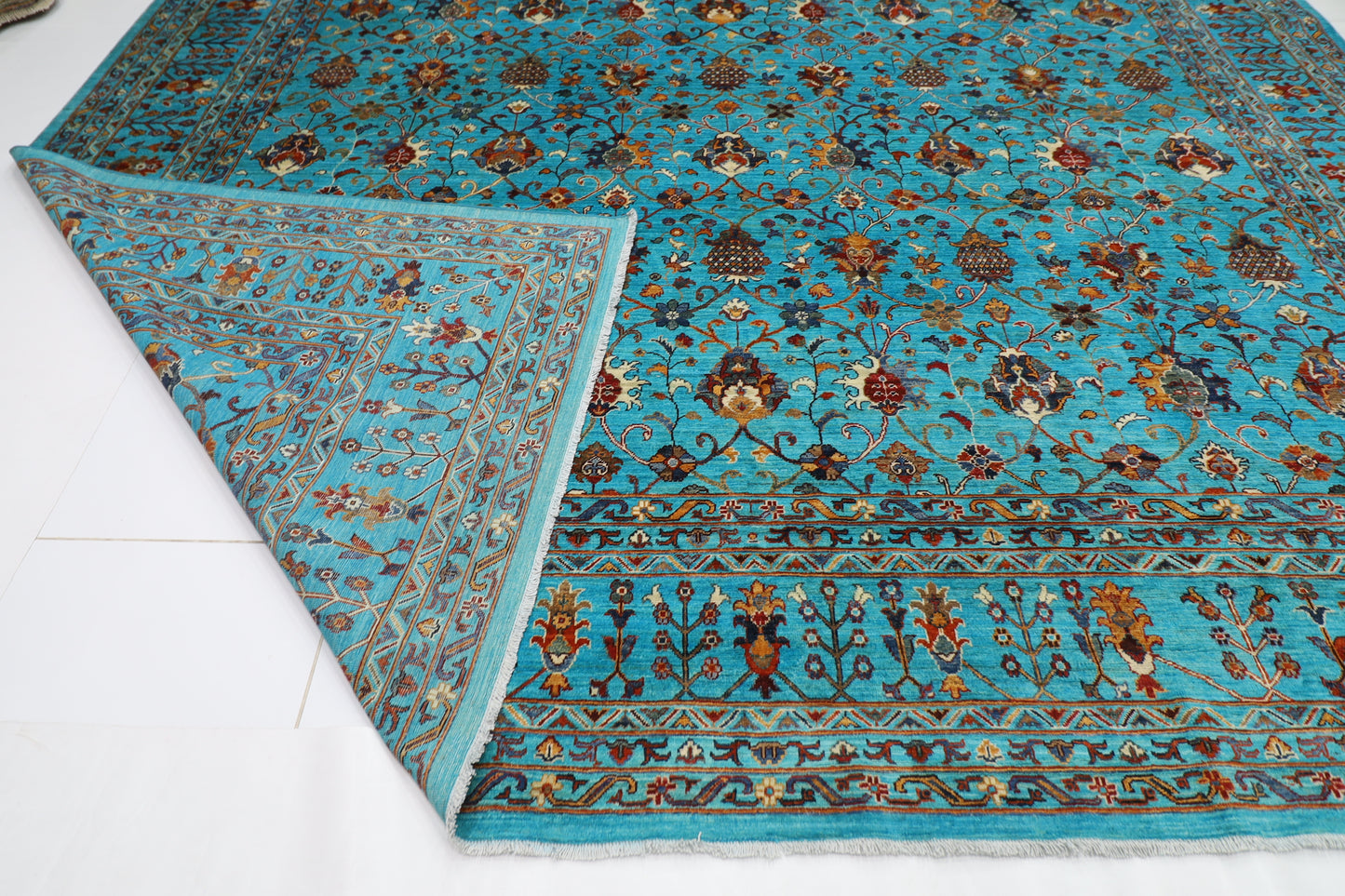 370 x 442 cm | Sultani Turquoise Afghan Tribal Hand Knotted Natural Veg Dye Wool Carpet