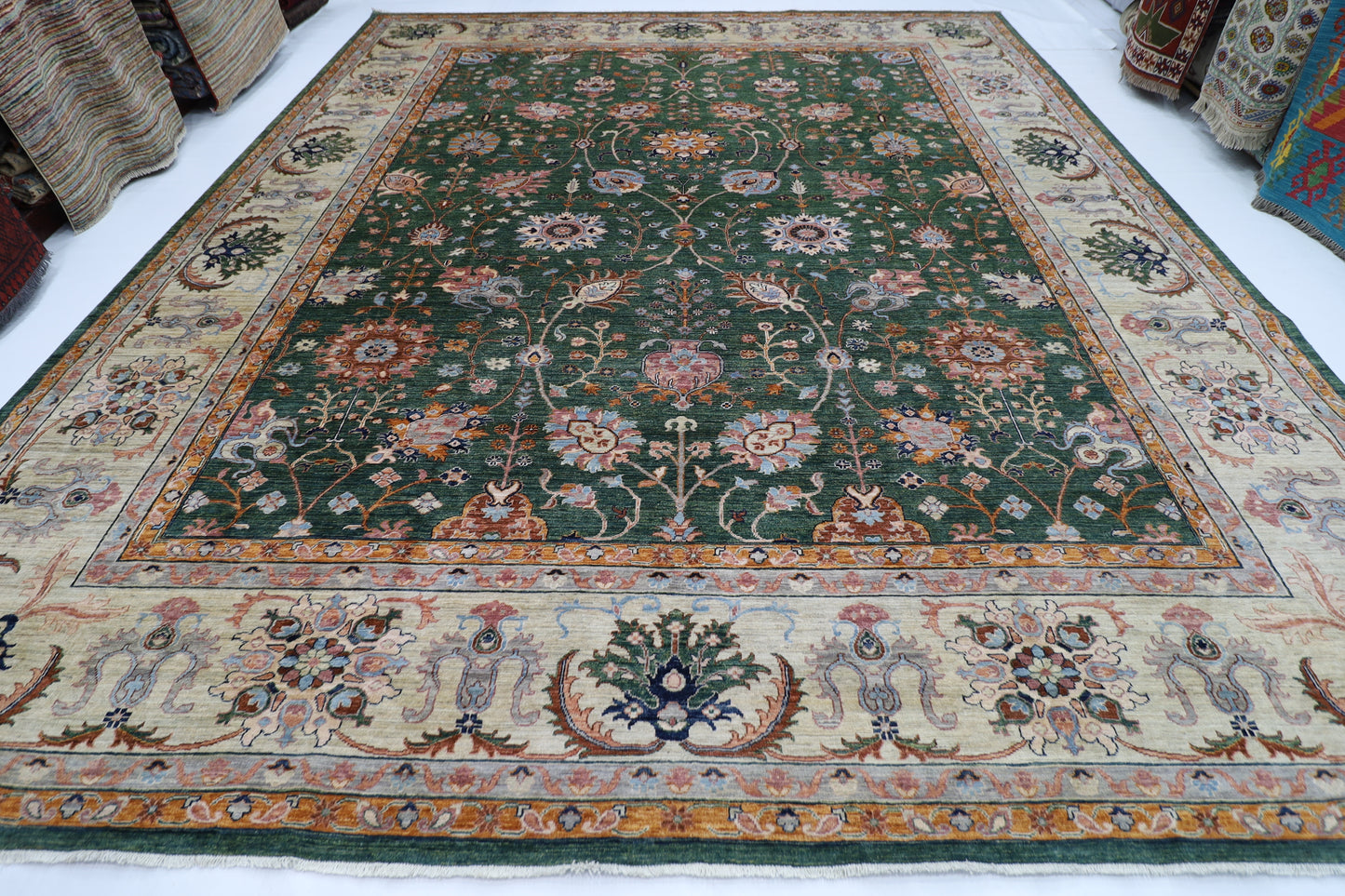 364 x 448 cm | Sultani Green Afghan Tribal Hand Knotted Natural Veg Dye Wool Carpet