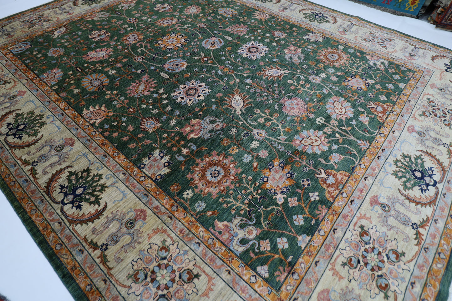 364 x 448 cm | Sultani Green Afghan Tribal Hand Knotted Natural Veg Dye Wool Carpet