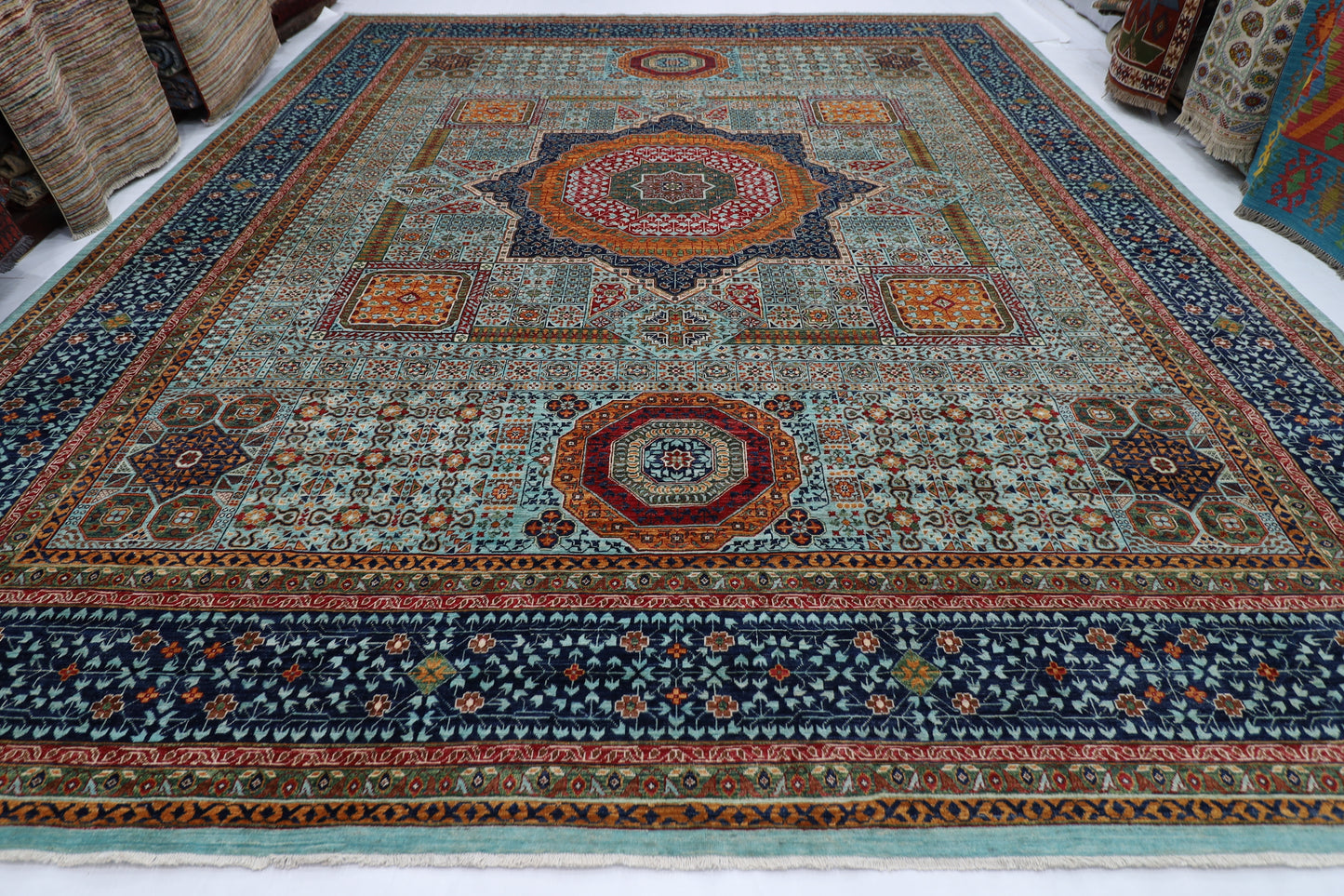 406 x 488 cm | Turquoise Mamluk Afghan Tribal Hand Knotted Natural Veg Dye Wool Carpet
