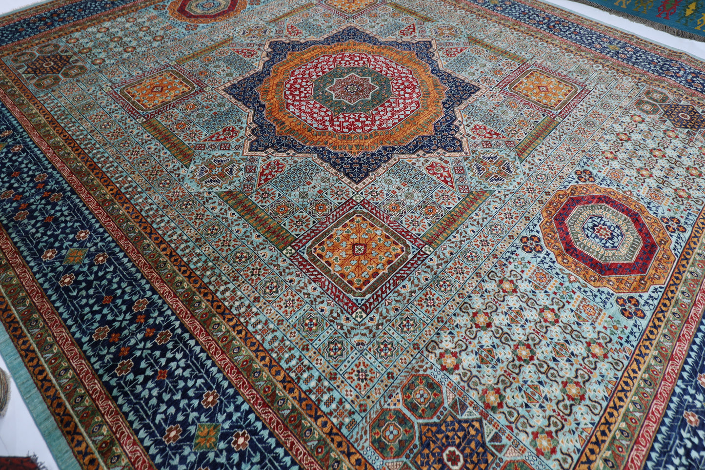 406 x 488 cm | Turquoise Mamluk Afghan Tribal Hand Knotted Natural Veg Dye Wool Carpet