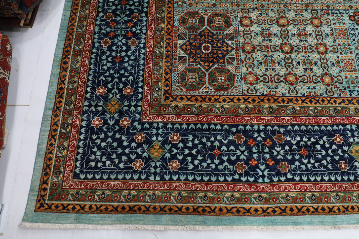 406 x 488 cm | Turquoise Mamluk Afghan Tribal Hand Knotted Natural Veg Dye Wool Carpet