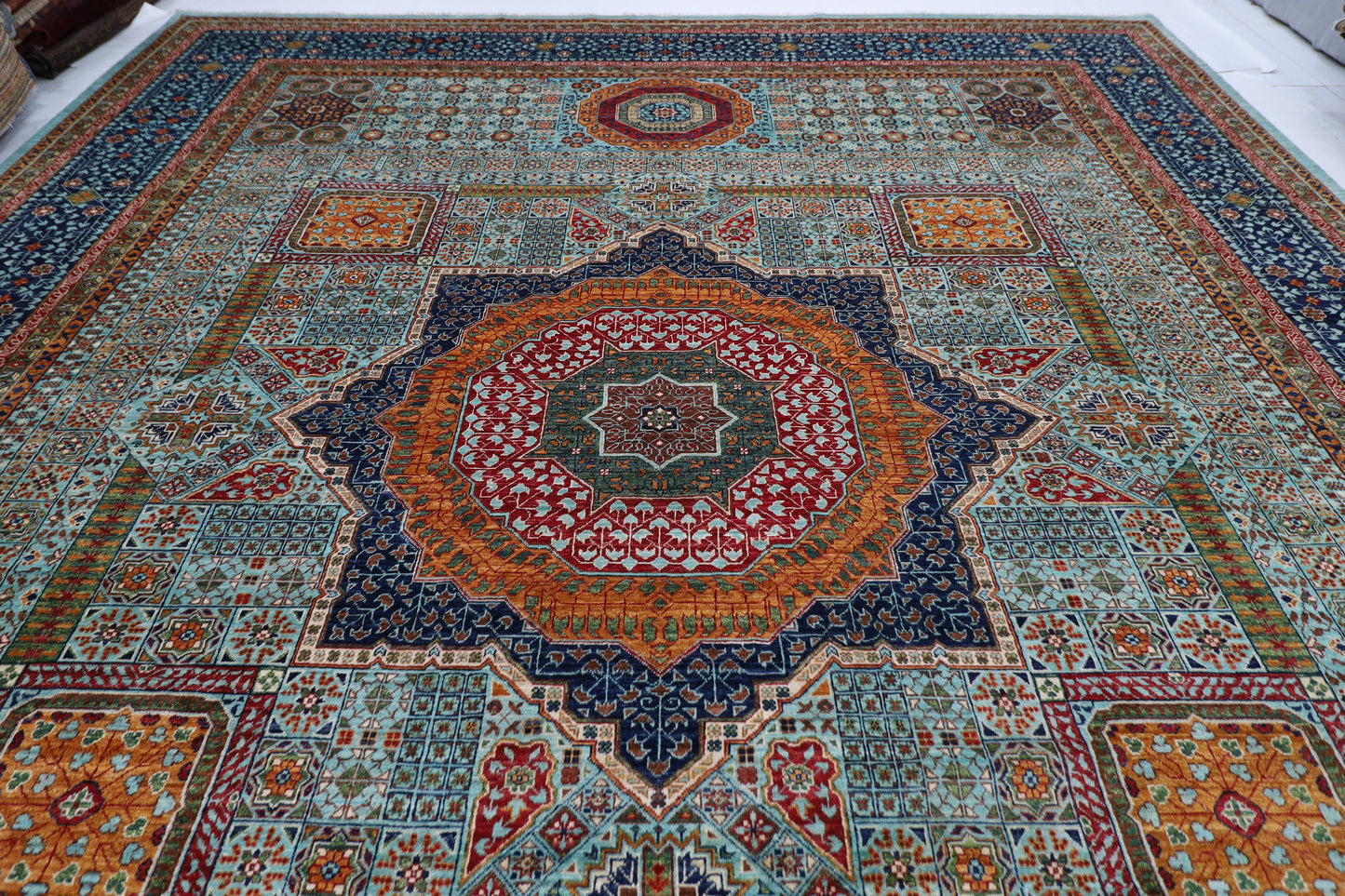 406 x 488 cm | Turquoise Mamluk Afghan Tribal Hand Knotted Natural Veg Dye Wool Carpet