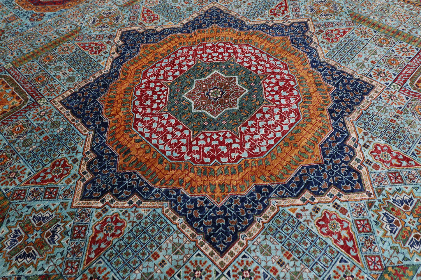 406 x 488 cm | Turquoise Mamluk Afghan Tribal Hand Knotted Natural Veg Dye Wool Carpet