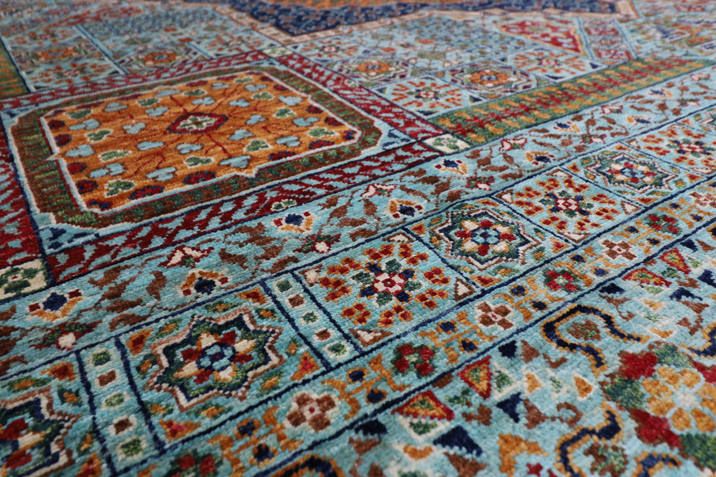406 x 488 cm | Turquoise Mamluk Afghan Tribal Hand Knotted Natural Veg Dye Wool Carpet
