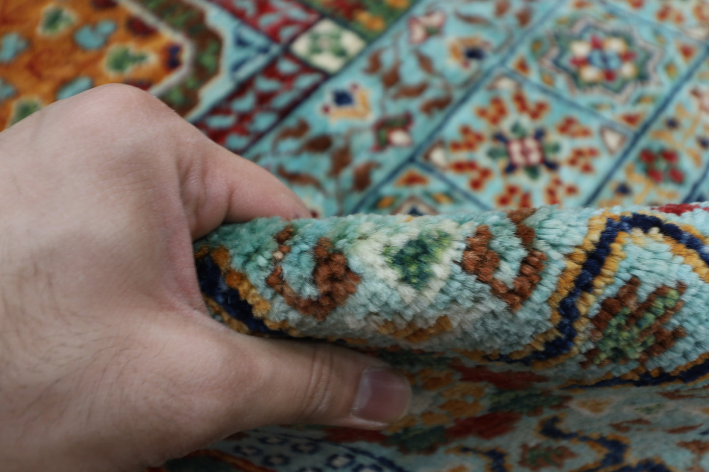 406 x 488 cm | Turquoise Mamluk Afghan Tribal Hand Knotted Natural Veg Dye Wool Carpet