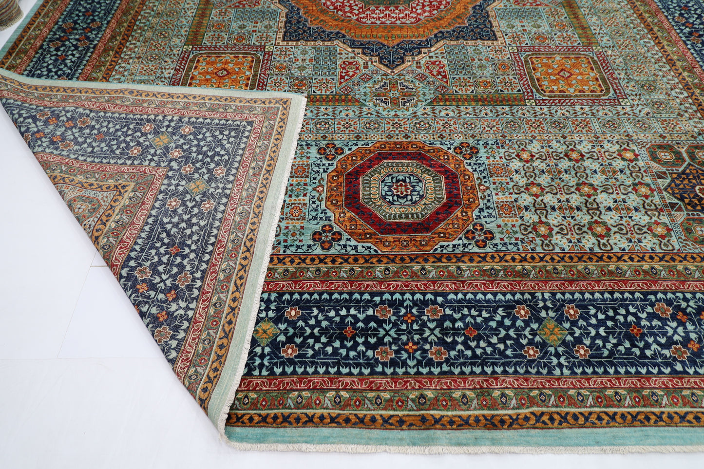 406 x 488 cm | Turquoise Mamluk Afghan Tribal Hand Knotted Natural Veg Dye Wool Carpet