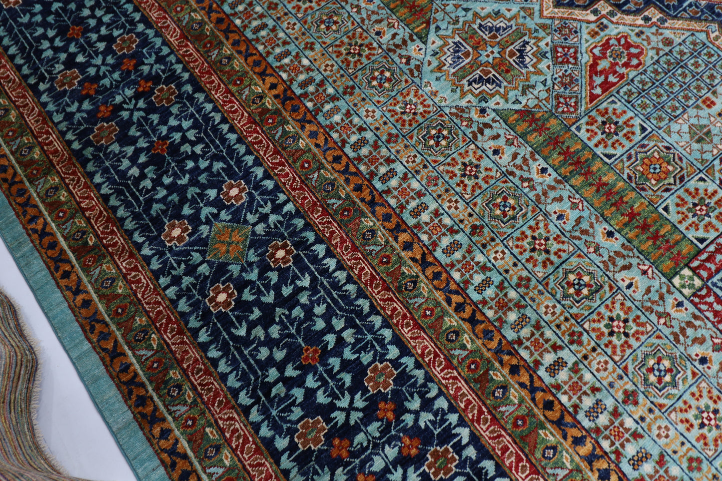 406 x 488 cm | Turquoise Mamluk Afghan Tribal Hand Knotted Natural Veg Dye Wool Carpet