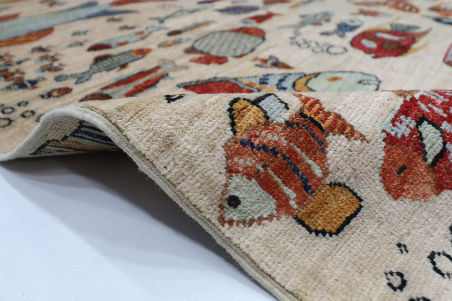 152 x 213 cm | Fish Party Afghan Tribal Hand Knotted Natural Veg Dye Wool Carpet