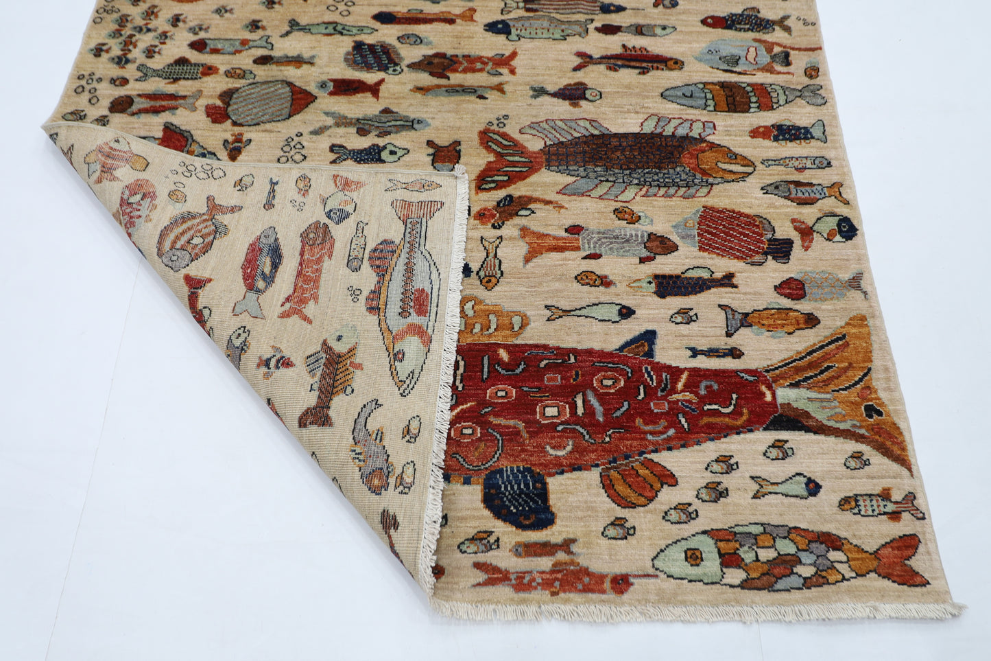 152 x 213 cm | Fish Party Afghan Tribal Hand Knotted Natural Veg Dye Wool Carpet