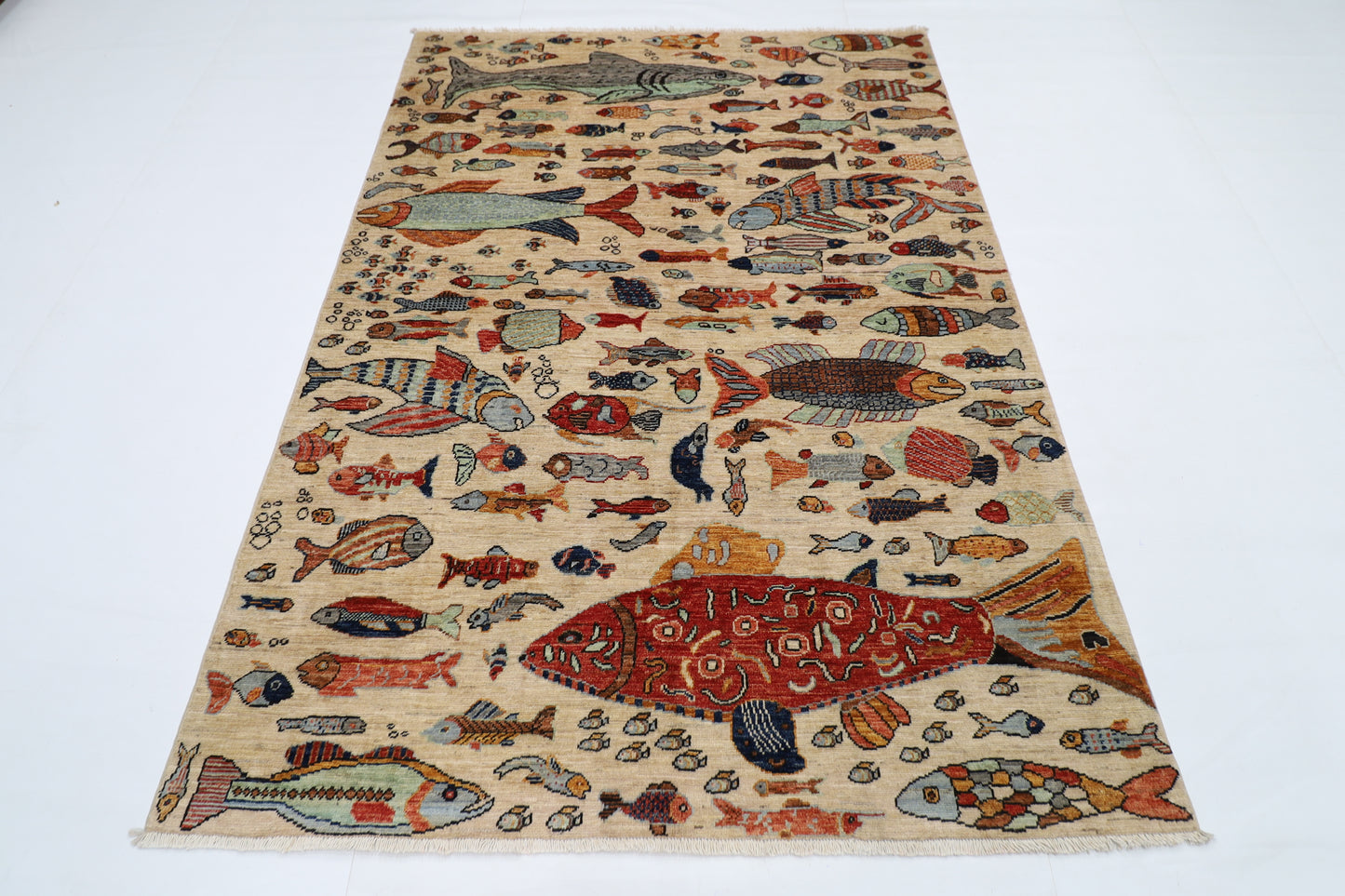 154 x 216 cm | Fish Party Afghan Tribal Hand Knotted Natural Veg Dye Wool Carpet