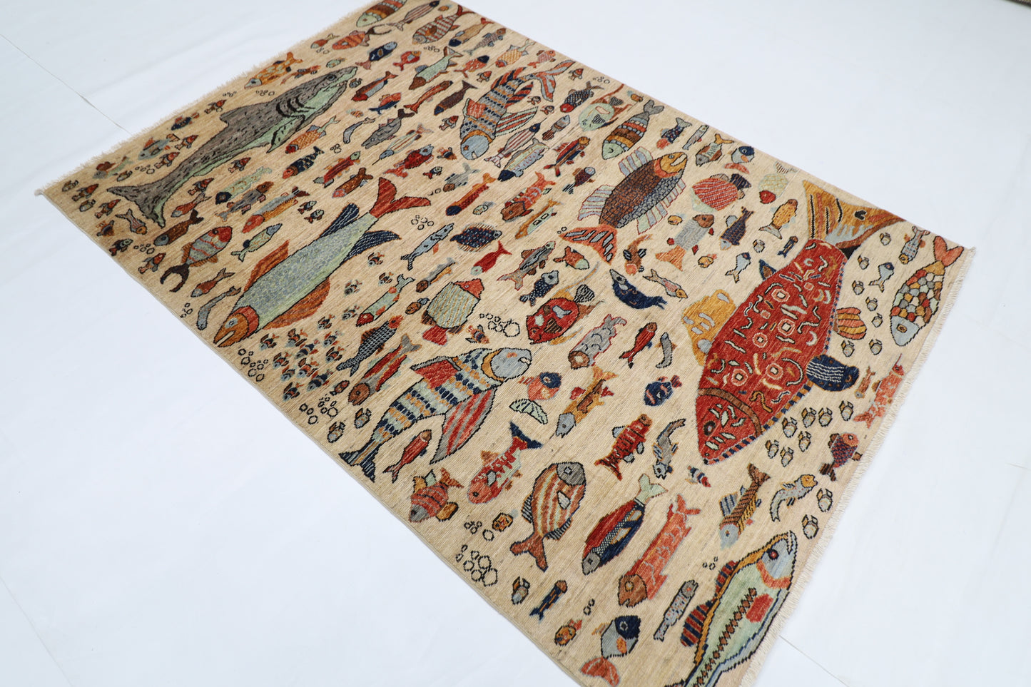 154 x 216 cm | Fish Party Afghan Tribal Hand Knotted Natural Veg Dye Wool Carpet