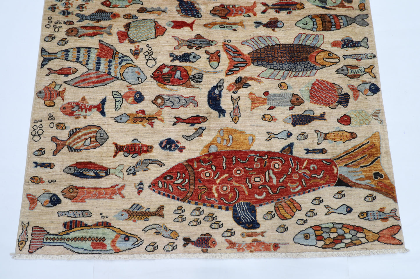154 x 216 cm | Fish Party Afghan Tribal Hand Knotted Natural Veg Dye Wool Carpet