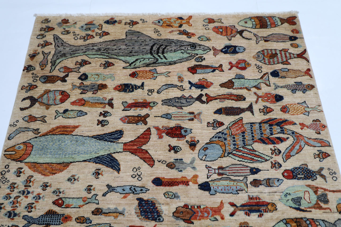 154 x 216 cm | Fish Party Afghan Tribal Hand Knotted Natural Veg Dye Wool Carpet