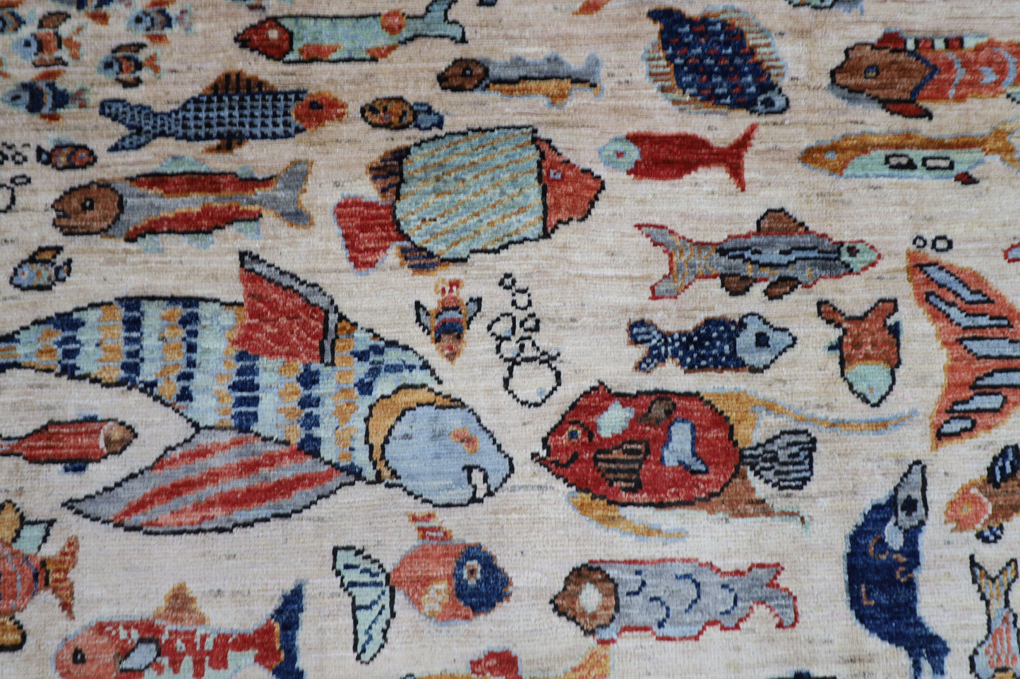 154 x 216 cm | Fish Party Afghan Tribal Hand Knotted Natural Veg Dye Wool Carpet