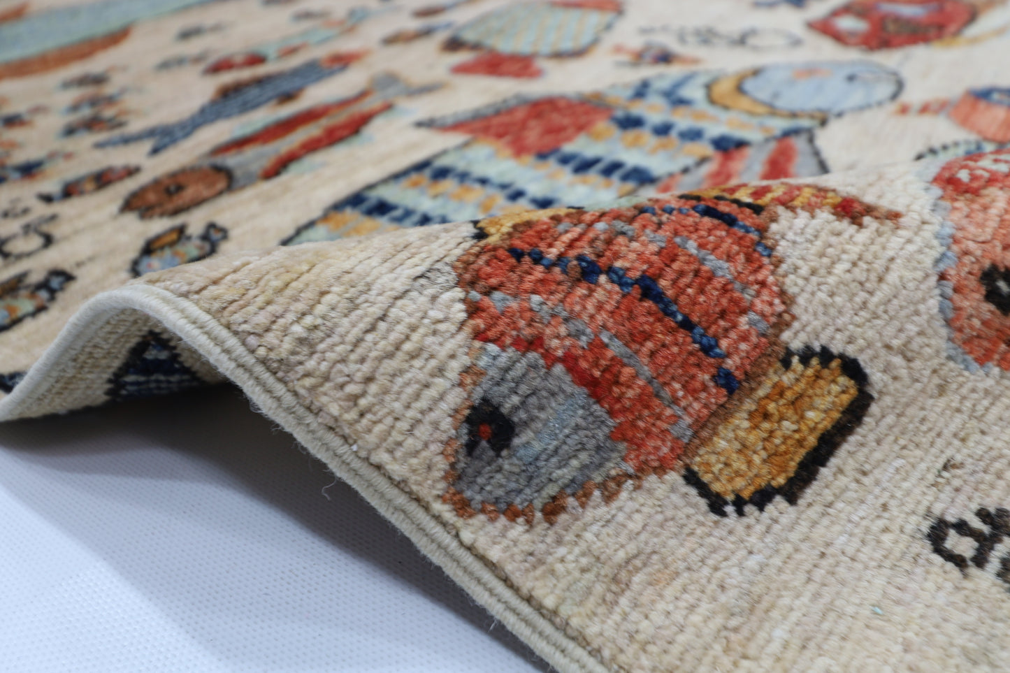 154 x 216 cm | Fish Party Afghan Tribal Hand Knotted Natural Veg Dye Wool Carpet