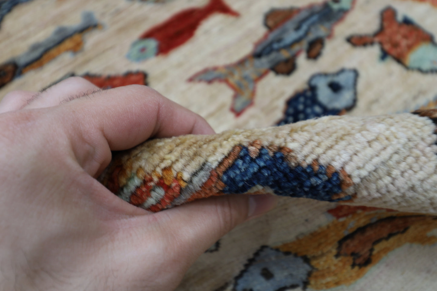 154 x 216 cm | Fish Party Afghan Tribal Hand Knotted Natural Veg Dye Wool Carpet