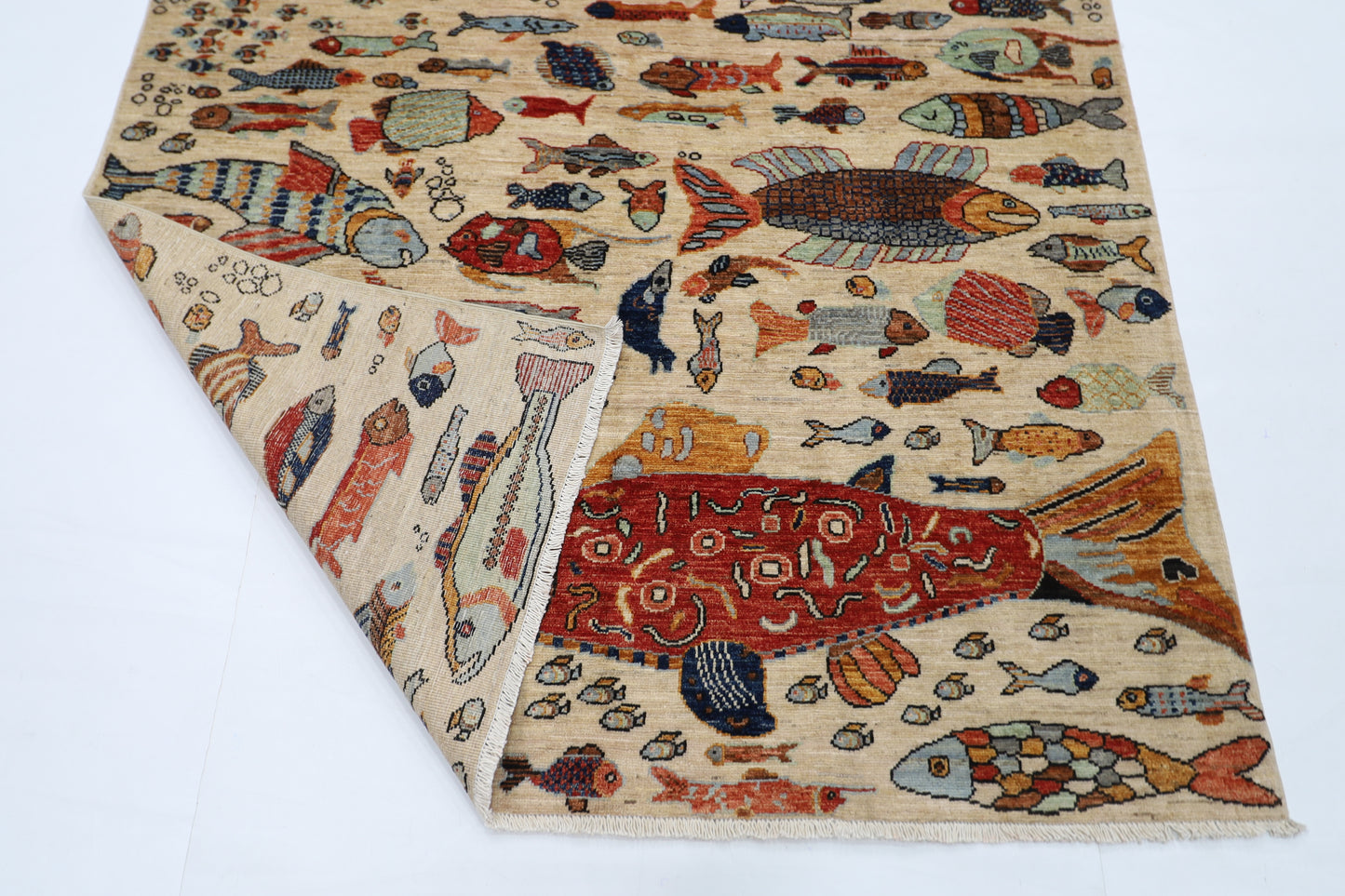 154 x 216 cm | Fish Party Afghan Tribal Hand Knotted Natural Veg Dye Wool Carpet