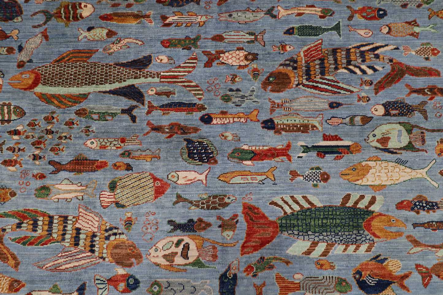 181 x 276 cm | Fish Party Afghan Tribal Hand Knotted Natural Veg Dye Wool Carpet