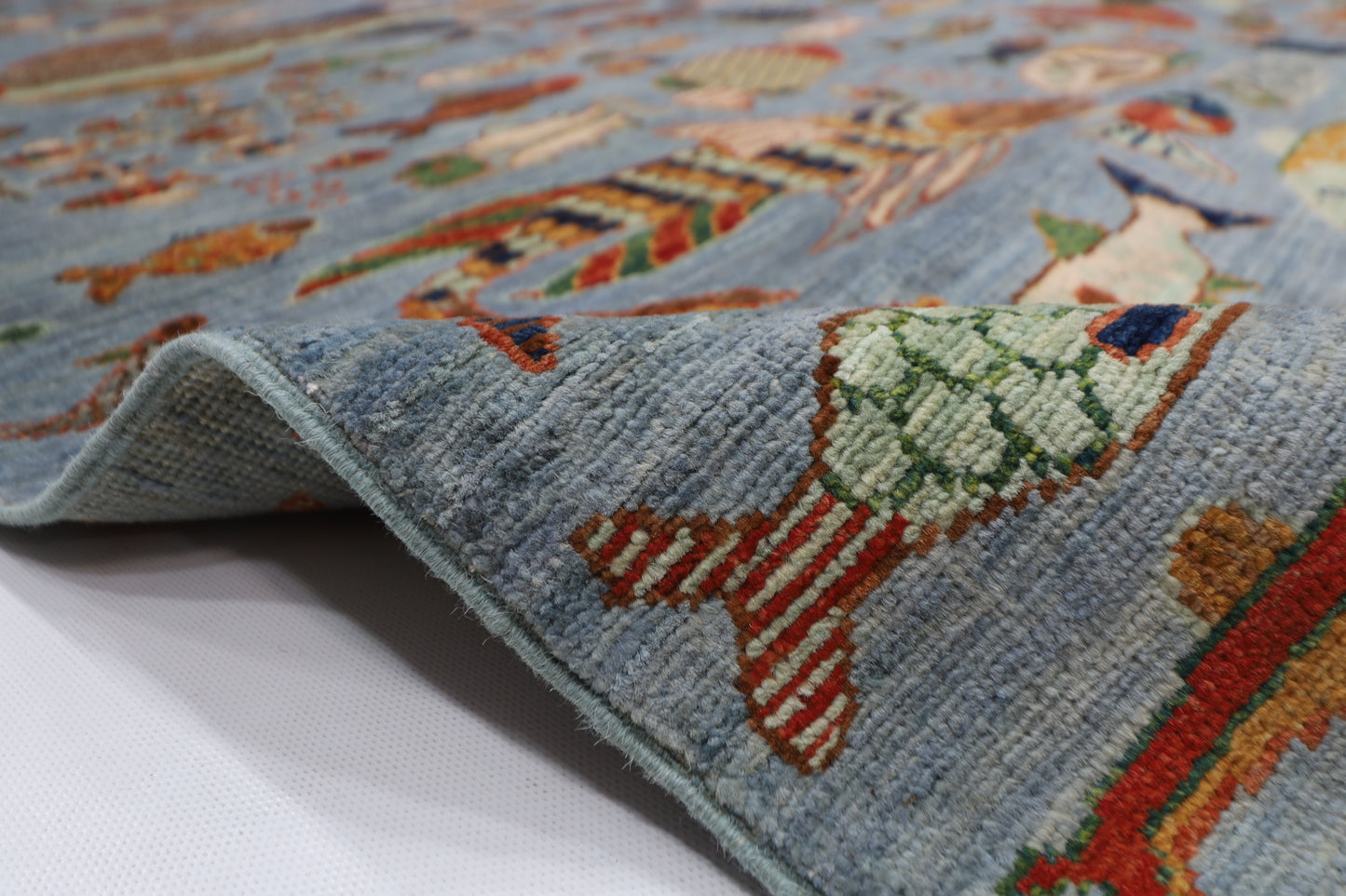 181 x 276 cm | Fish Party Afghan Tribal Hand Knotted Natural Veg Dye Wool Carpet