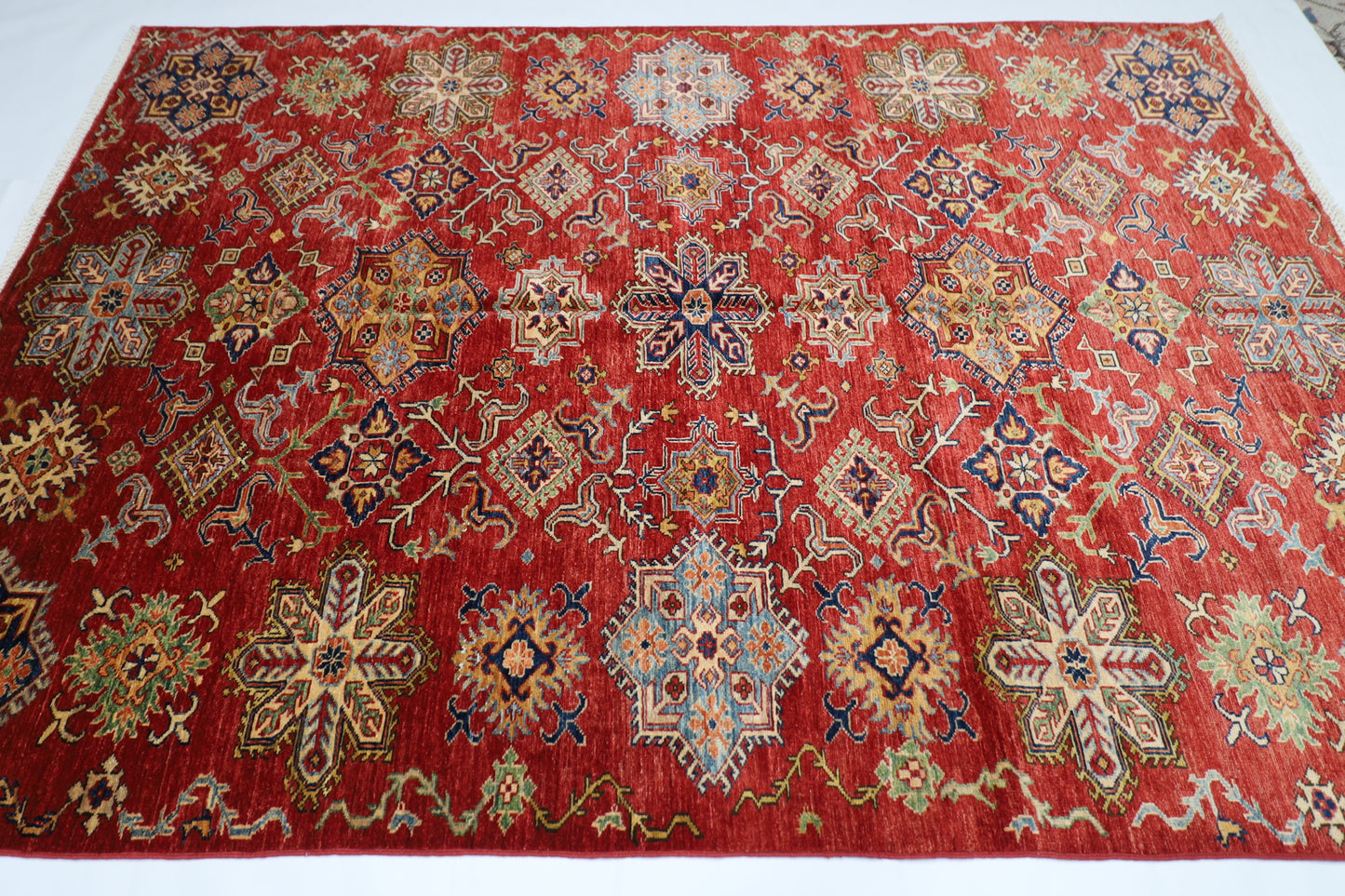 172 x 240 cm | Kazak Afghan Tribal Hand Knotted Veg Dye Wool Carpet