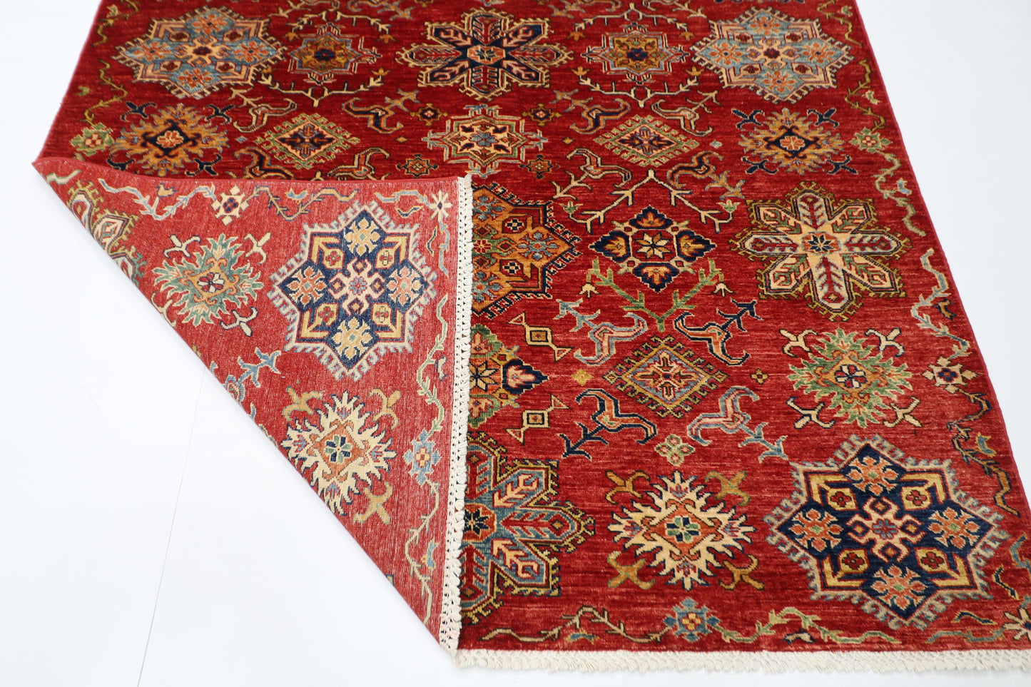 172 x 240 cm | Kazak Afghan Tribal Hand Knotted Veg Dye Wool Carpet