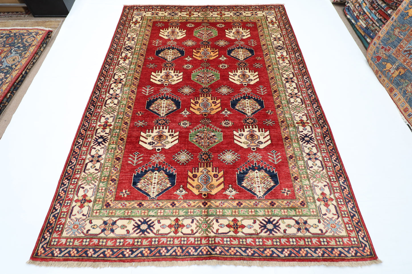 172 x 238 cm | Kazak Afghan Tribal Hand Knotted Veg Dye Wool Carpet