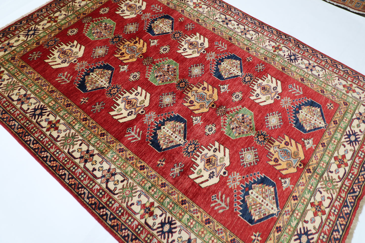 172 x 238 cm | Kazak Afghan Tribal Hand Knotted Veg Dye Wool Carpet