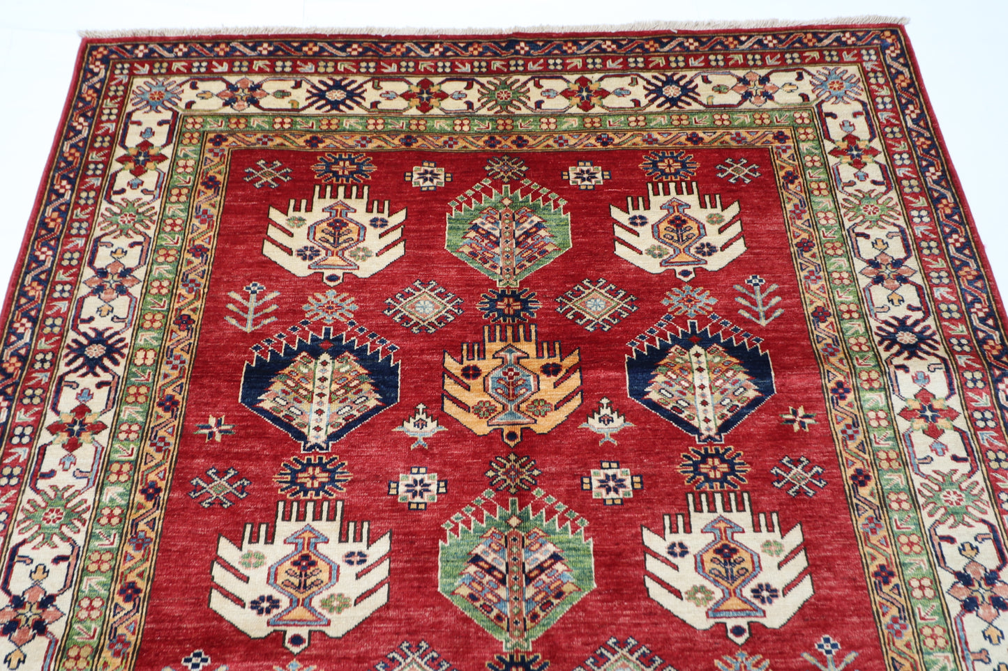 172 x 238 cm | Kazak Afghan Tribal Hand Knotted Veg Dye Wool Carpet