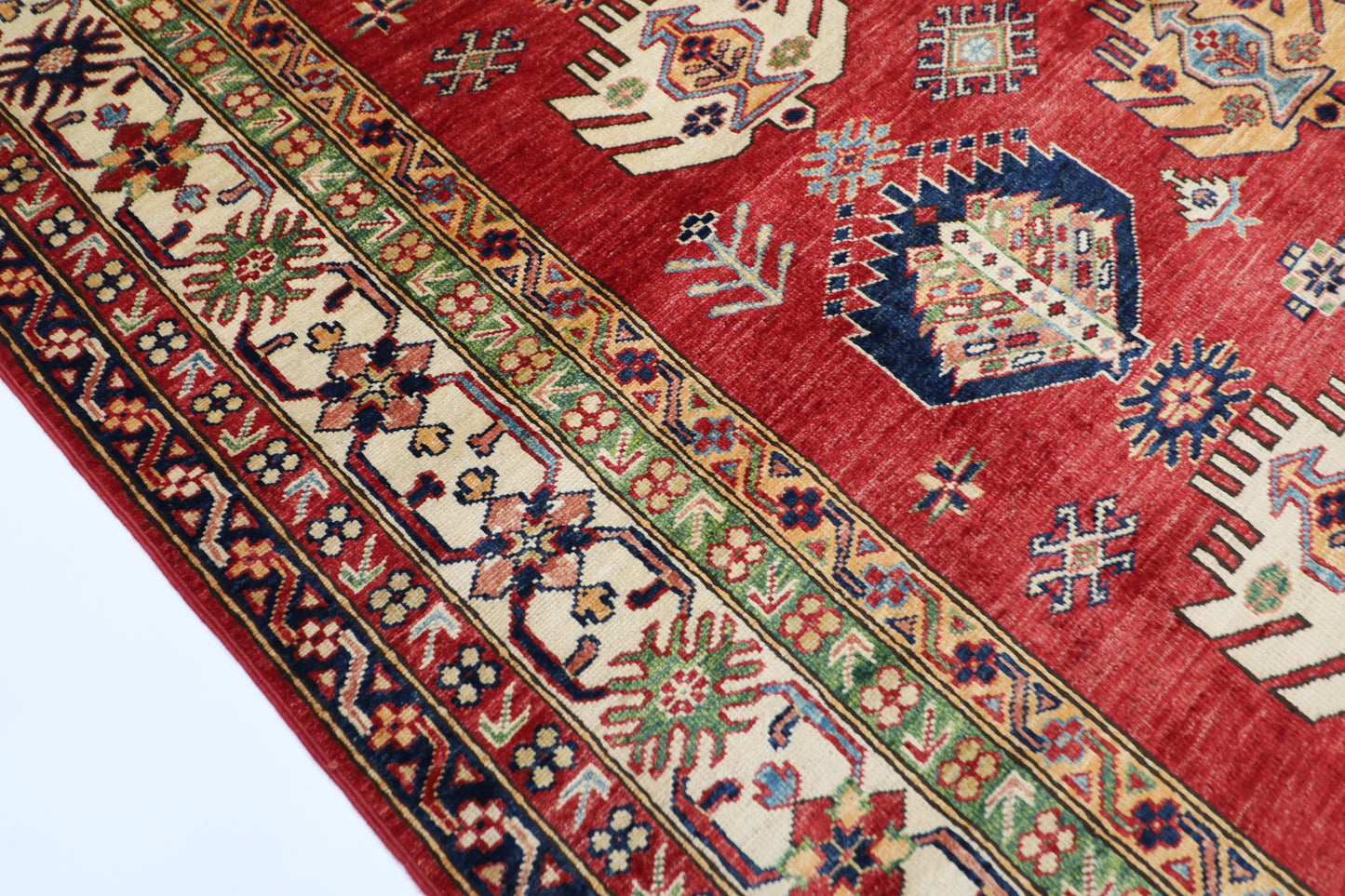 172 x 238 cm | Kazak Afghan Tribal Hand Knotted Veg Dye Wool Carpet