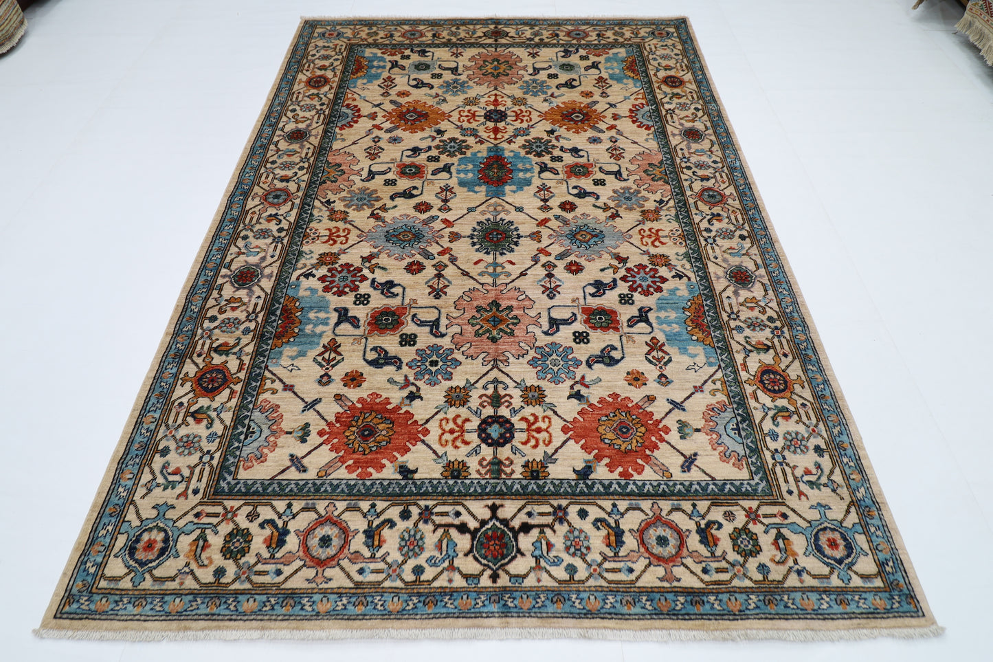 184 x 263 cm | Beige Afghan Tribal Hand Knotted Natural Veg Dye Wool Carpet