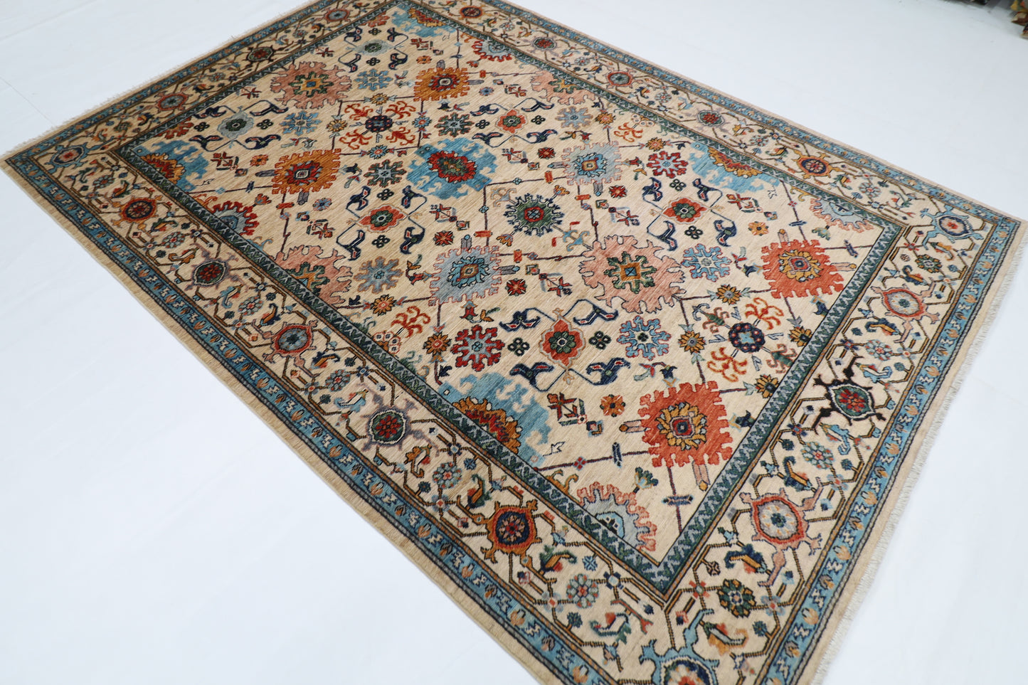 184 x 263 cm | Beige Afghan Tribal Hand Knotted Natural Veg Dye Wool Carpet