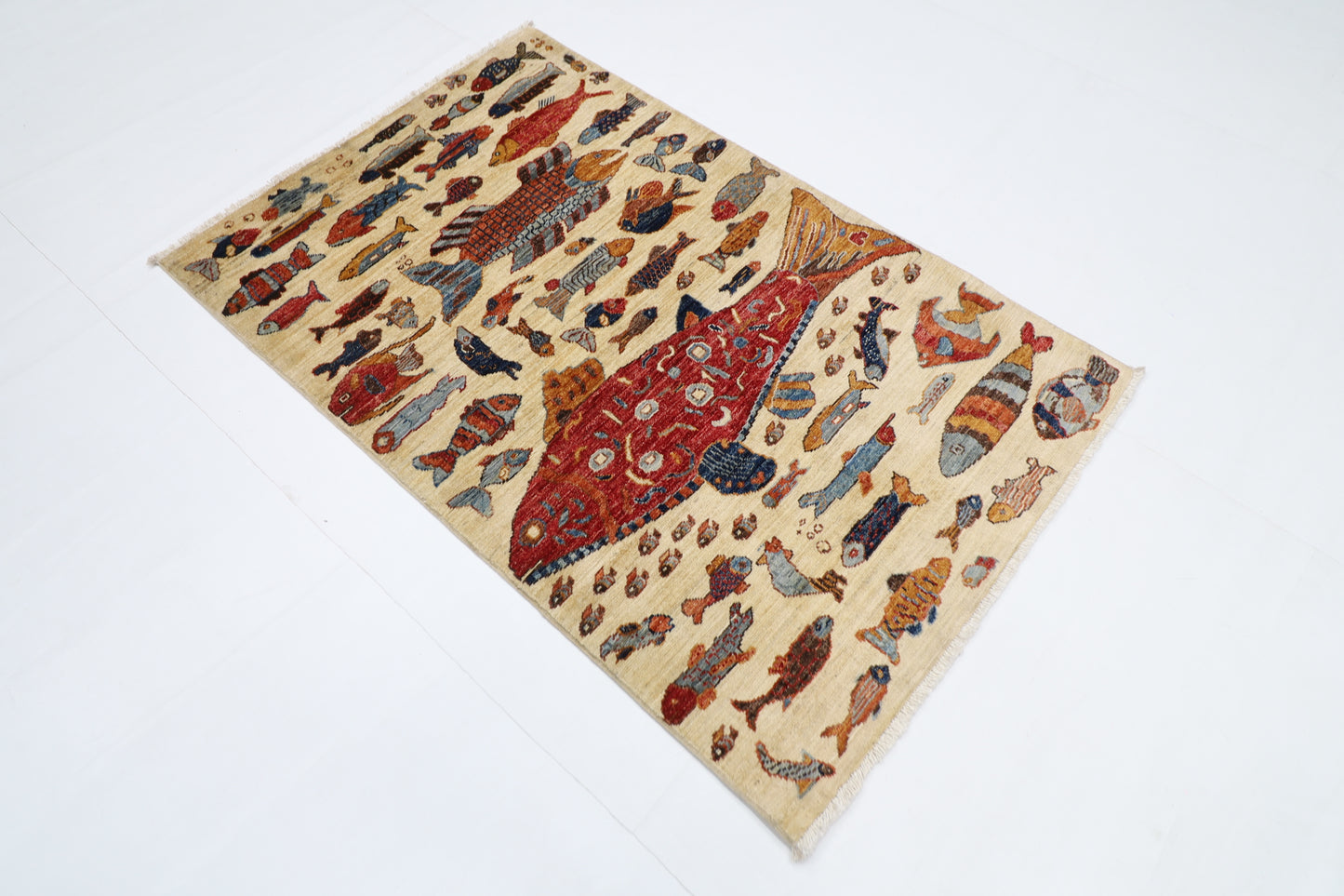 100 x 154 cm | Fish Party Afghan Tribal Hand Knotted Natural Veg Dye Wool Carpet