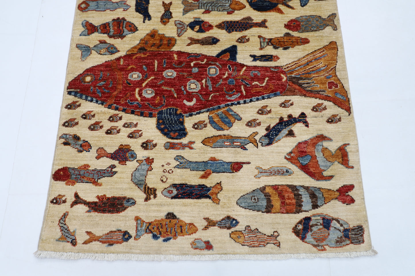100 x 154 cm | Fish Party Afghan Tribal Hand Knotted Natural Veg Dye Wool Carpet