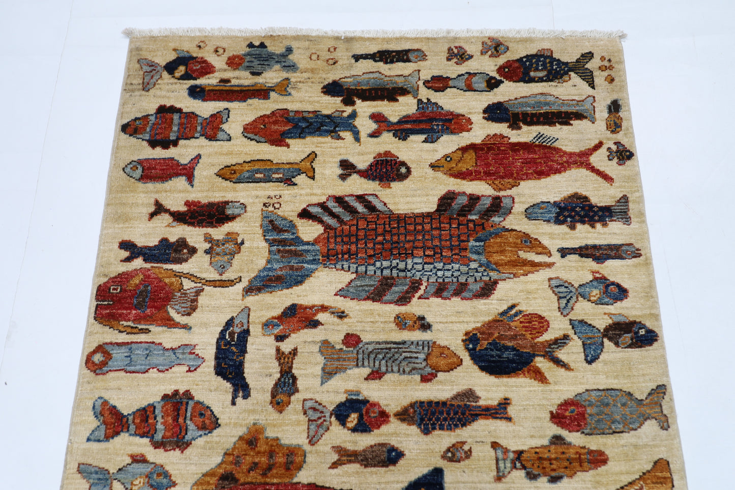 100 x 154 cm | Fish Party Afghan Tribal Hand Knotted Natural Veg Dye Wool Carpet