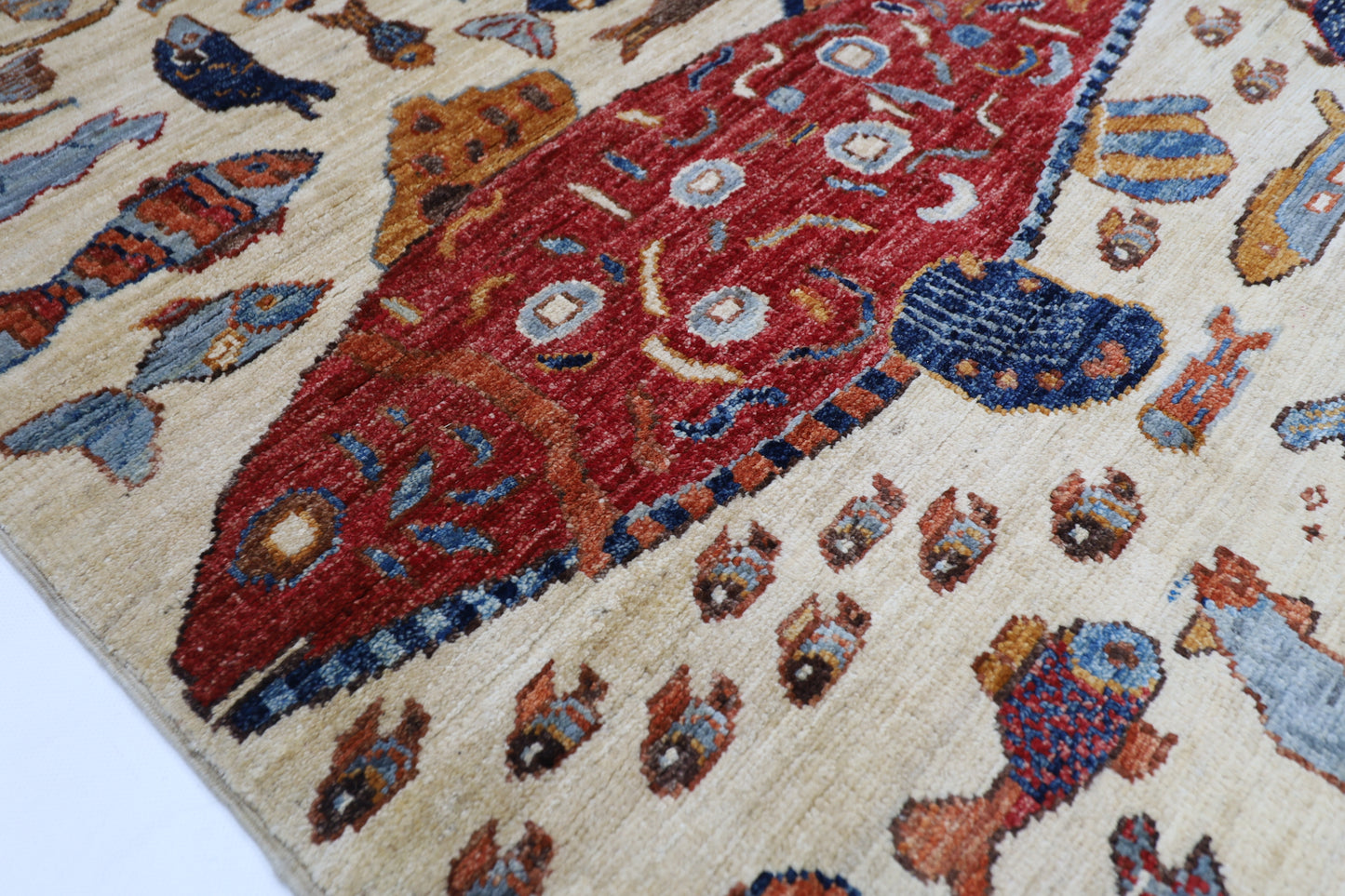 100 x 154 cm | Fish Party Afghan Tribal Hand Knotted Natural Veg Dye Wool Carpet