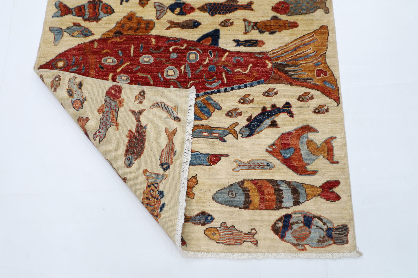 100 x 154 cm | Fish Party Afghan Tribal Hand Knotted Natural Veg Dye Wool Carpet