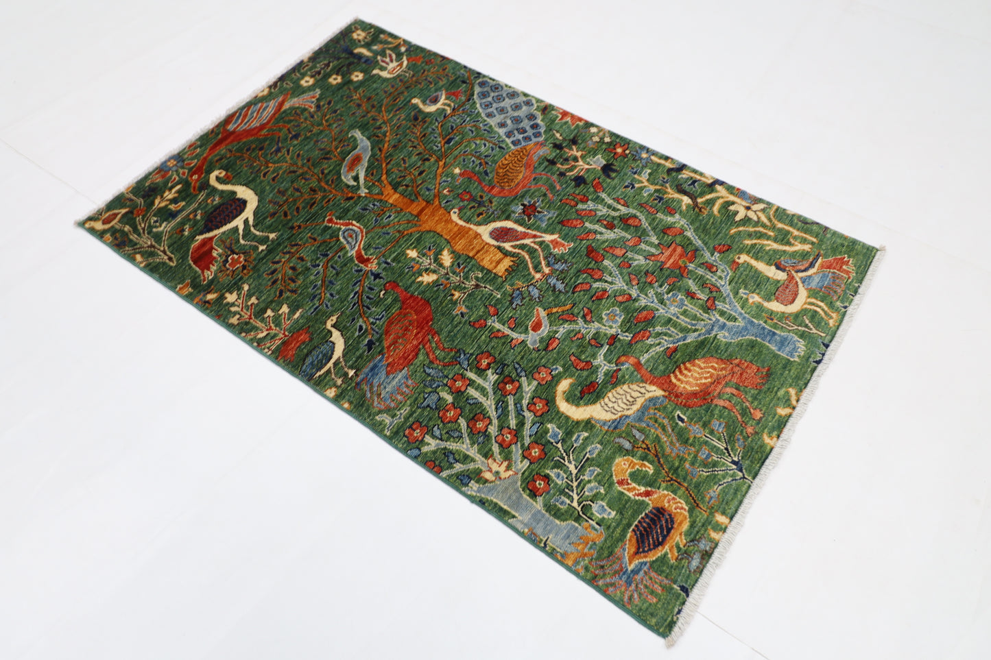 99 x 154 cm | Birds Green Afghan Tribal Hand Knotted Natural Veg Dye Wool Carpet