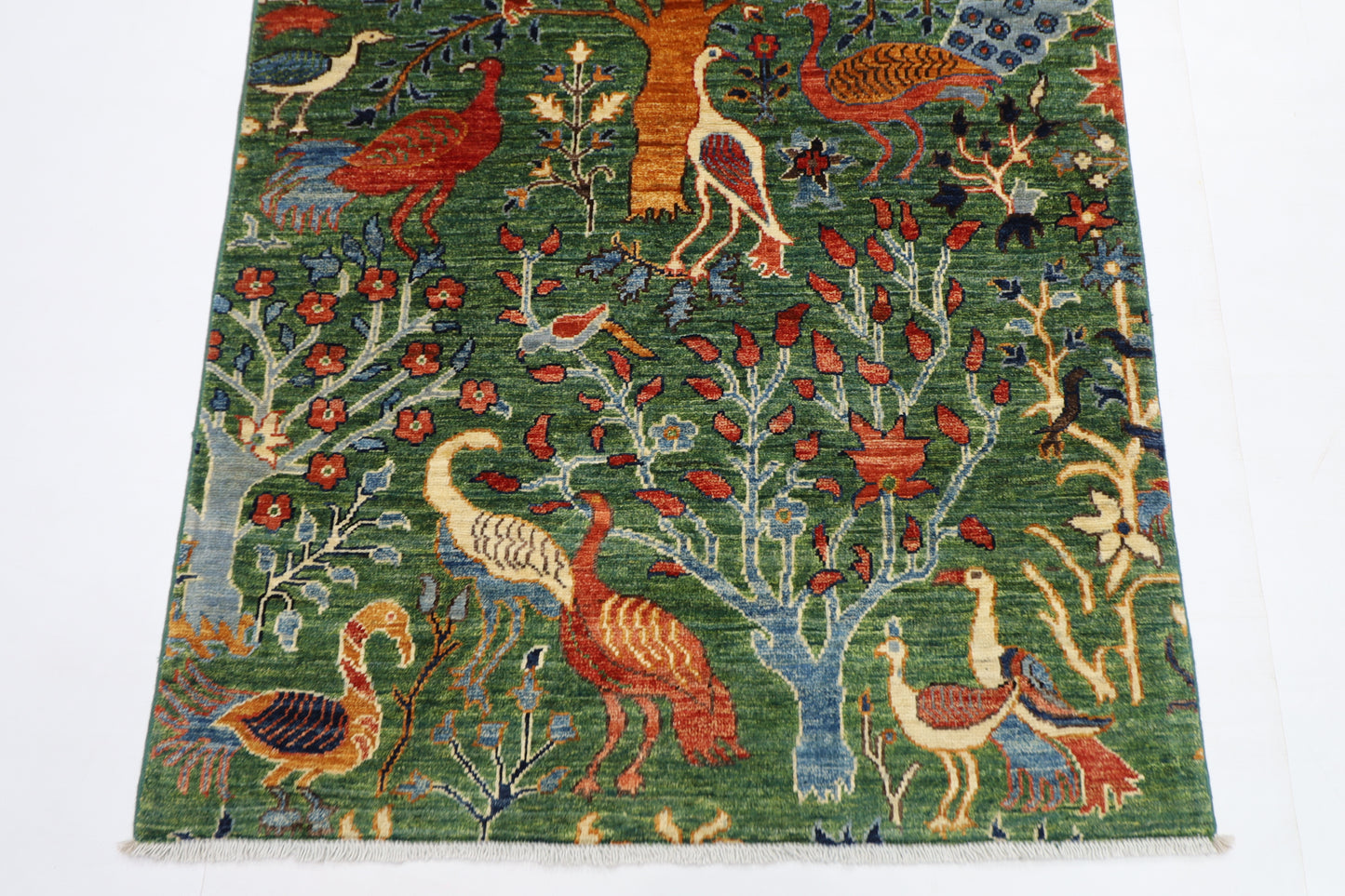 99 x 154 cm | Birds Green Afghan Tribal Hand Knotted Natural Veg Dye Wool Carpet
