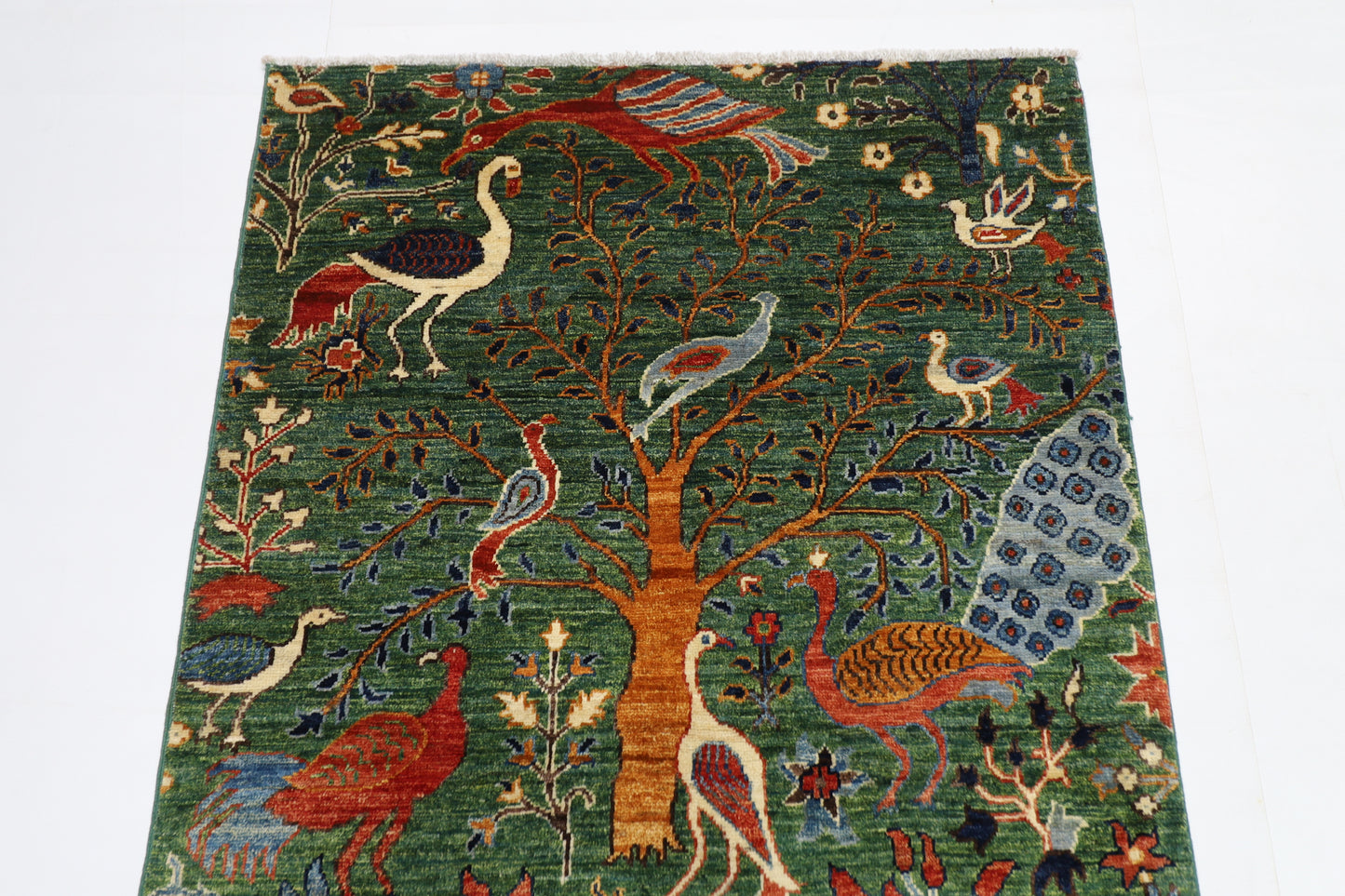 99 x 154 cm | Birds Green Afghan Tribal Hand Knotted Natural Veg Dye Wool Carpet