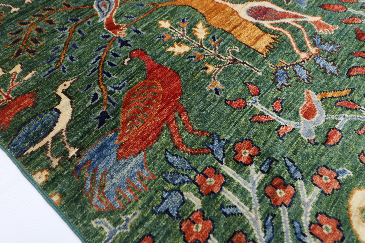 99 x 154 cm | Birds Green Afghan Tribal Hand Knotted Natural Veg Dye Wool Carpet