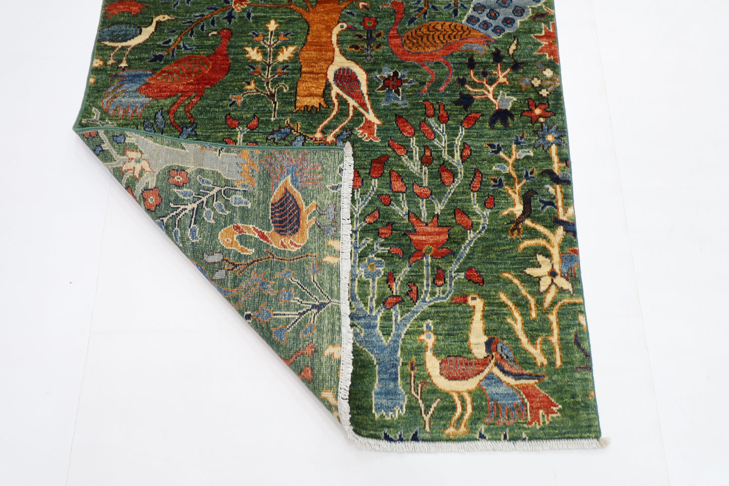 99 x 154 cm | Birds Green Afghan Tribal Hand Knotted Natural Veg Dye Wool Carpet