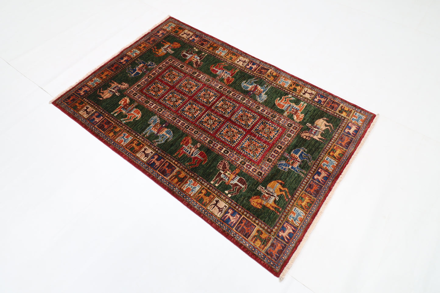 101 x 153 cm | Pazyryk Green Afghan Tribal Hand Knotted Natural Veg Dye Wool Carpet