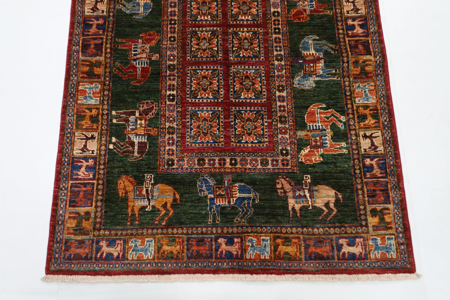 101 x 153 cm | Pazyryk Green Afghan Tribal Hand Knotted Natural Veg Dye Wool Carpet