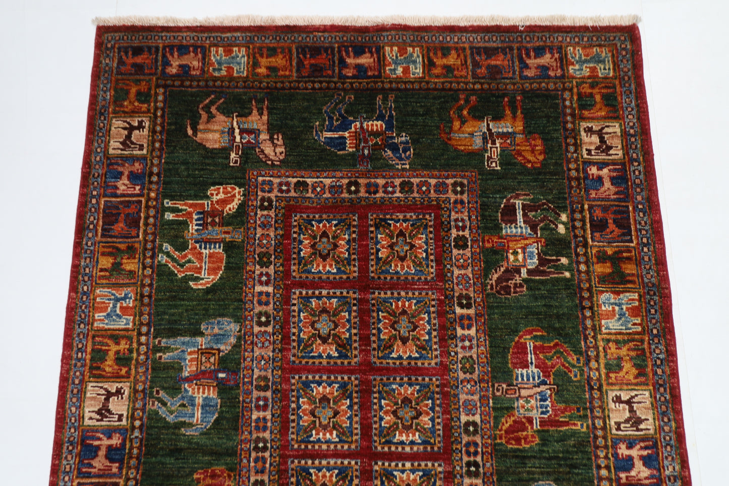 101 x 153 cm | Pazyryk Green Afghan Tribal Hand Knotted Natural Veg Dye Wool Carpet