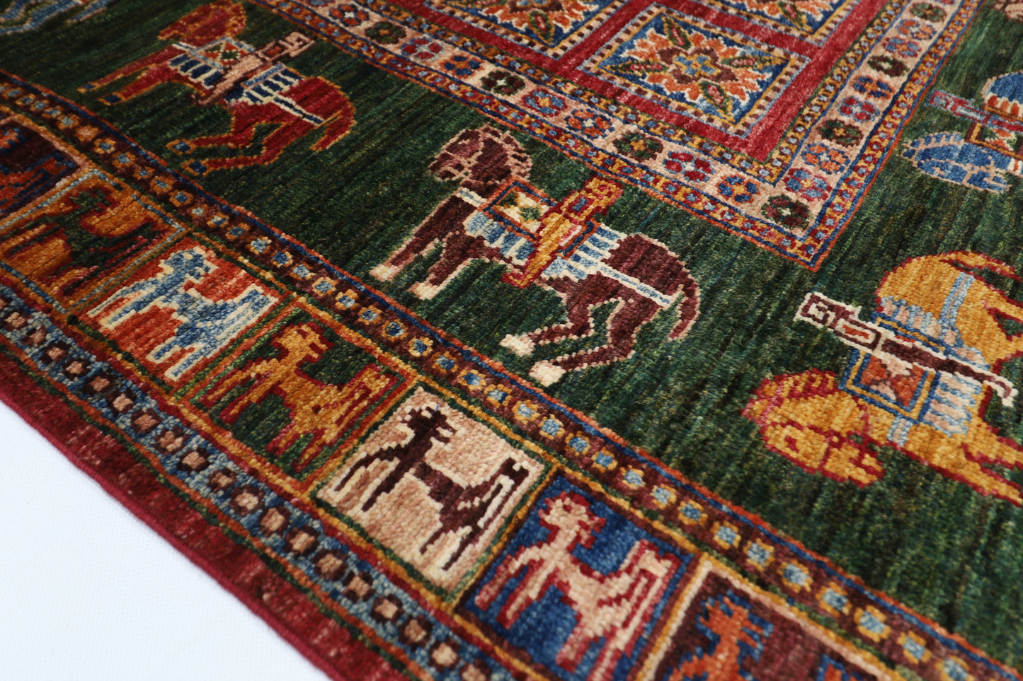 101 x 153 cm | Pazyryk Green Afghan Tribal Hand Knotted Natural Veg Dye Wool Carpet